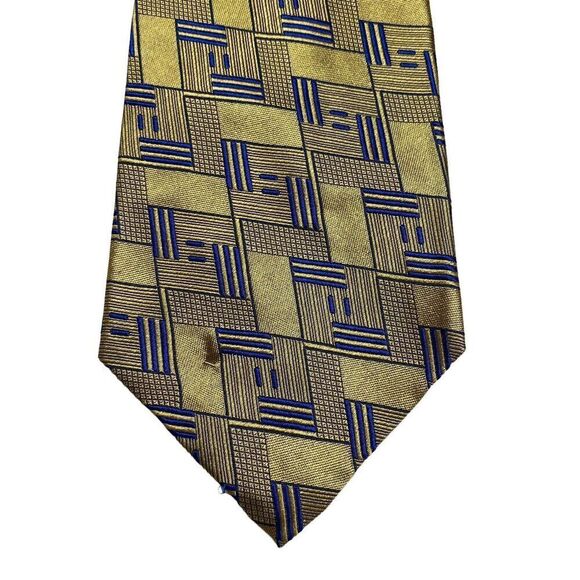 Oscar de la Renta Mens Necktie Tie Gold Blue Geometric Silk Couture Collection - Picture 3 of 8